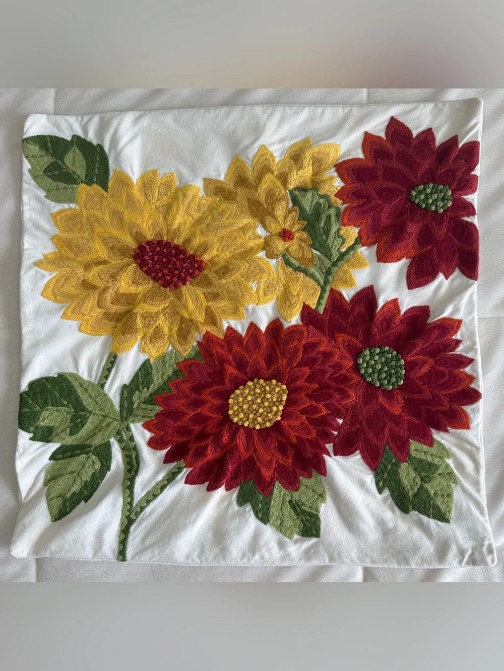Pottery Barn Embroidered Floral Throw Pillow Cover 20x20 Cotton Textured